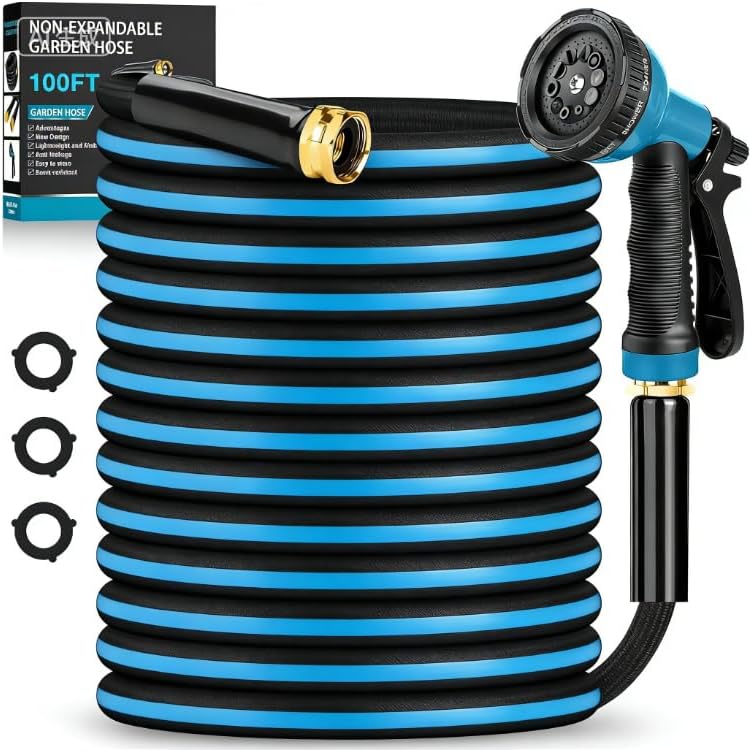 Garden Hose 100FT Non-Expanding, Lightweight Hose With 10-Function Nozzle, Leak-Proof, No-Knot, Easy to Carry, Wear-Resistant, Sturdy 3/4GHT Flexible Water Hose for Yard Garden (Blue) by BAZOLOTA