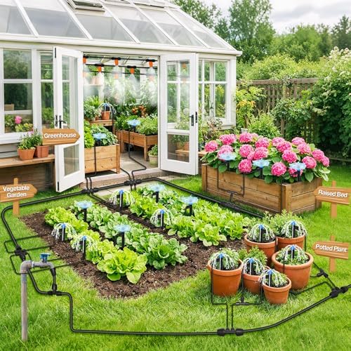MIXC 300FT Drip Irrigation System Kit, Automatic Garden Misting Watering System with 100FT 1/2" & 200FT 1/4" Irrigation Tubing, Fitting, Adjustable Emitter for Greenhouse Lawn Raised Bed Potted Plant - Image 6