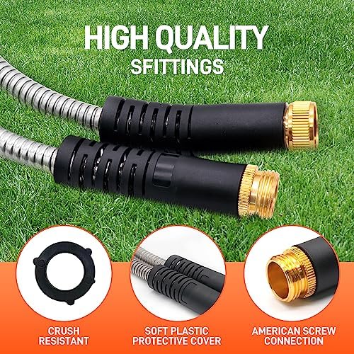 Besiter Garden Hose 50FT Stainless Steel Water Hose with 10 Functions Adjustable Spray Nozzle, Heavy-Duty Metal Garden Hose Flexible Durable No-Tangle & Kink Leak Dog Proof Hose for Yard Lawn(Orange) - Image 2