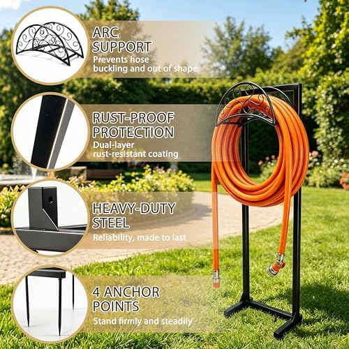 Garden Hose Holder, Heavy Duty Stainless Steel Garden Hose Reel with Triangle Reinforcement, Supports 150 ft Hose, 45-Inch Ergonomic Water Hose Stand for Outside, Black - Image 6