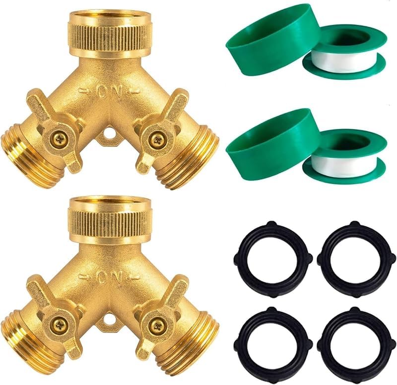 2‑Pack 2‑Way Brass Garden Hose Splitter with O‑Rings & Thread Tape by Unknown