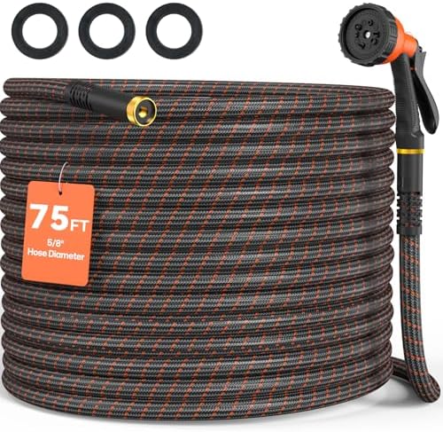 Garden Hose 75ft NON-EXPANDABLE Water Hose, 3-Layer Lightweight Nylon Braided Hose for Yard, Car Wash & Pet Shower, 600 PSI Heavy Duty Burst Kink-Free with 10-Way Nozzle & 3/4" Brass Fittings by Puritron