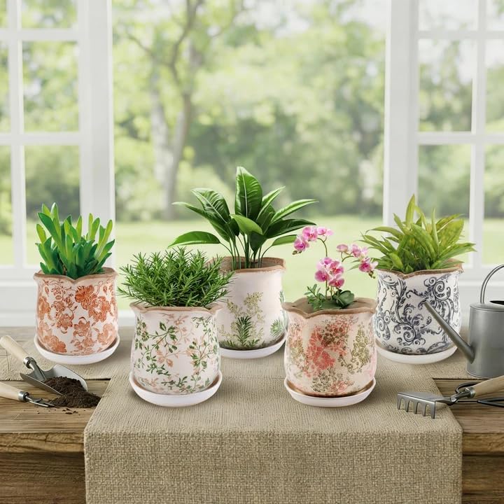 Ceramic-Planters-for-Indoor-Plants with Saucer, 6 inch Vintage Ice Crackle Glaze Plant Pots with Drainage Holes, Decorative Flower Pots for Outdoor Garden Home Decor, Tuscan Pot for Plant - Image 2