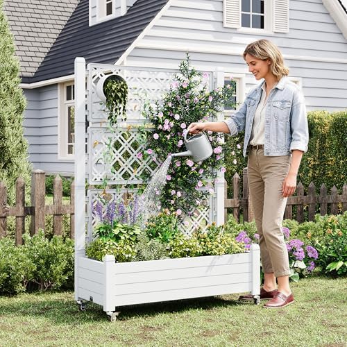 Resin Raised Garden Bed with Trellis and Wheels - Plasitc Planter Box with Trellis Outdoor with Drainage Holes & Water Monitor for Climbing Plants, Flower, Ashen(61.2" H) - Image 2