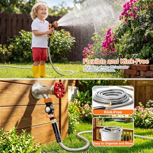 Metal Garden Hose 50FT with Swivel Connector, Heavy Duty 304 Stainless Steel Water Hoses with Nozzle, Flexible Garden Hose 50FT - Image 7