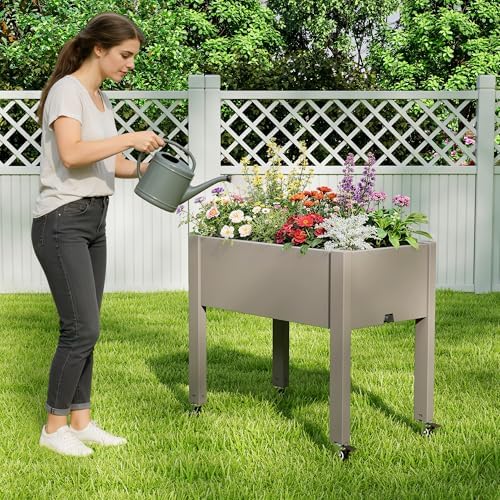 Elevated 26.3" Tall Raised Garden Bed with Wheels - Outdoor Mobile Resin Planter Box with Drainage Holes for Vegetables Flower Herbs, Weather Resistant, Gray (26.3" h) - Image 2