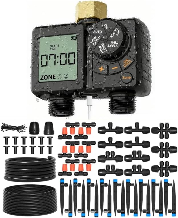 MIXC Greenhouse Micro Drip Irrigation Kit + MIXC Rechargeable 2-Zone Water Timer by MIXC