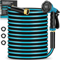 Garden Hose 100FT Non-Expanding, Lightweight Hose With 10-Function Nozzle, Leak-Proof, No-Knot, Easy to Carry, Wear-Resistant, Sturdy 3/4GHT Flexible Water Hose for Yard Garden (lake blue) by BAZOLOTA