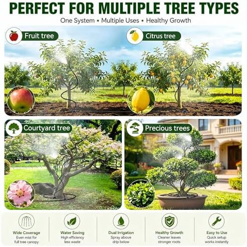 High-Flow Tree Irrigation System, 15FT 12mm Hose & 2Pcs 6.5FT Adjustable Nozzles, for Tree Roots & Canopies Irrigation, Leaf & Fruit Cleaning, Ideal for Fruit Trees & Ornamental Trees - Image 4