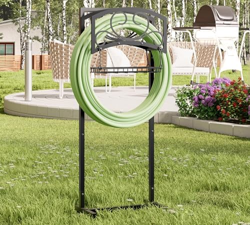Kingson Freestanding Garden Hose Holder with Storage Basket - Heavy-Duty Black Powder-Coated Steel, Holds 150FT Hose, Detachable & Portable Design with Assembly Tools, Ideal for Outdoor Use - Image 4