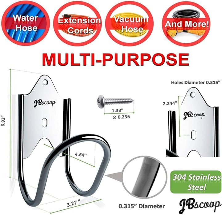 JBscoop Stainless Steel Garden Hose Hanger (Set of 2), for Garden Hose Holder, Rust Free Hose Holder Wall Mount, Heavy Duty Wall Mount Hose Hanger - Image 4