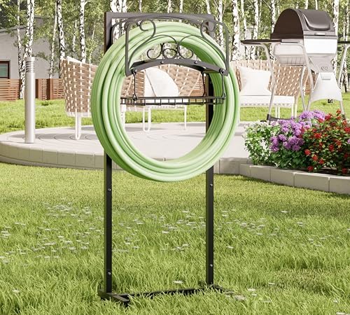 Kingson Portable Garden Hose Holder with Storage Basket - Heavy-Duty Freestanding Steel Stand, Holds 150FT Hose, Black Powder-Coated Finish, Detachable & Space-Saving Design with Tools - Image 2