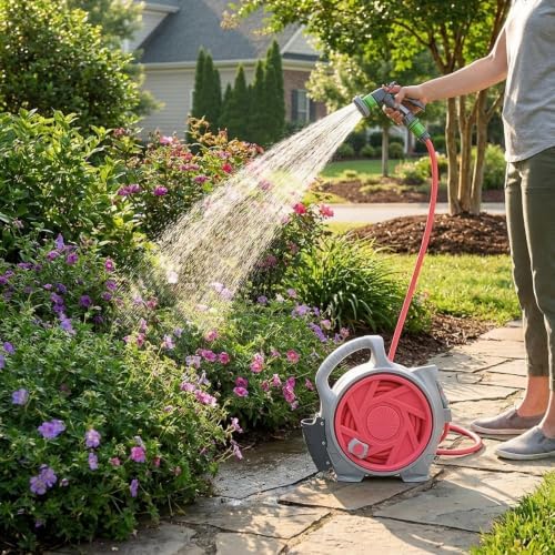 mini portable garden pipe cart, adjustable spray gun with 6 different gears, suitable for various faucets, portable water pipe truck can be used for car washing, watering plants (Pink) - Image 3