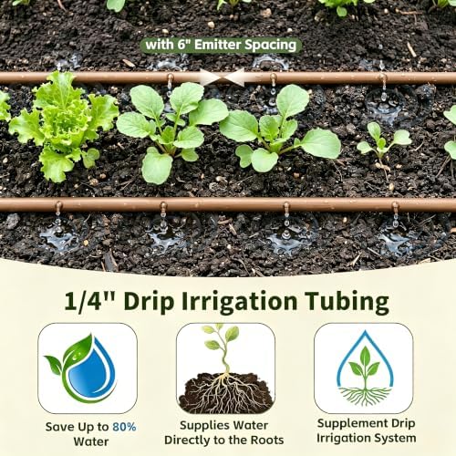 1/4" Drip Irrigation Tubing with 6" Emitter Spacing, (250 Ft Roll) Saving 80% Water, 0.5 GPH Emitters Built-In Drip Irrigation Line for Garden, Hydroponics, Greenhouses, and Landscape Beds (Brown) - Image 3