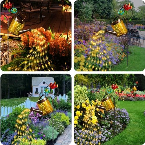 Solar Lights Outdoor, Watering Can with Cascading Lights, Watering Can with Hook Solar Lantern, Gardening Decor for Yard Patio, Gardening Gifts for Mom Grandma Women (2 Pack) - Image 3