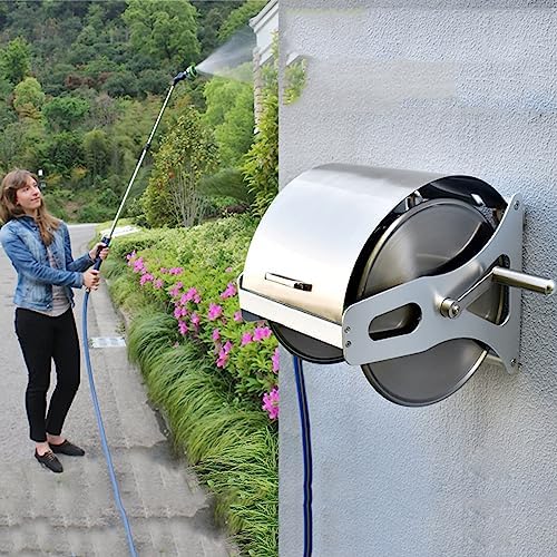 Garden Hose Holder Stainless Steel Garden Hose Reel Heavy Duty Hose Holder, Wall/Floor Mounted Metal Water Hose Reel with Crank Handle and Dust-Proof Lid Garden Hose Reel - Image 3