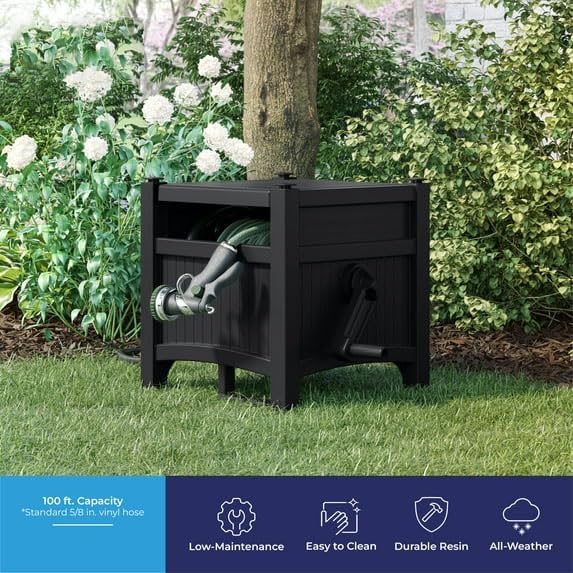100ft Hose Hideaway Box, Durable Resin Garden Hose Reel - Image 3