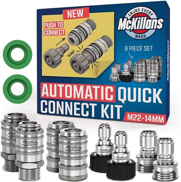 McKillans® 2025 Automatic M22-14mm Pressure Washer Quick Connect Kit - M22 to 3/8 Quick Connect Pressure Washer Fittings - Power Washer Accessories - Hose Adapter Set - 8-Piece Kit (Stainless Steel) by McKillans