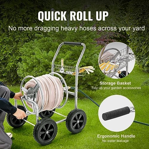 VEVOR Hose Reel Cart, Hold Up to 300 ft of 5/8’’ Hose, Garden Water Hose Carts Mobile Tools with 4 Wheels, Heavy Duty Powder-Coated Steel Outdoor Planting with Storage Basket, for Garden, Yard, Lawn - Image 4
