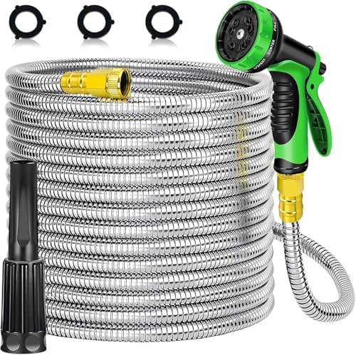 Outdoor Garden Hose 100ft Metal Stainless Steel Heavy Duty Kink Free 2 Nozzles 3/4 Brass Fittings Rust Proof For Lawn Rv Watering 150FT by Unknown