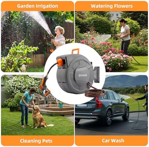 Retractable Garden Hose Reel, 1/2 inch x 100 ft Water Hose Reel Wall Mounted, Any Length Lock, Slow Auto-Rewind, 180°Swivel Bracket & 10 Pattern Nozzle - Image 7