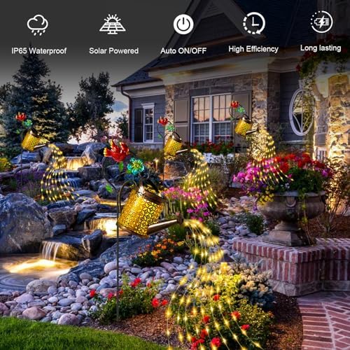 Solar Lights Outdoor, Watering Can with Cascading Lights, Watering Can with Hook Solar Lantern, Gardening Decor for Yard Patio, Gardening Gifts for Mom Grandma Women (2 Pack) - Image 4