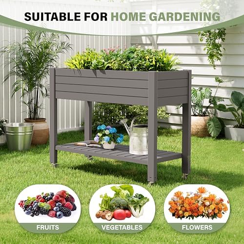 33.7" Tall Raised Garden Bed with Wheels, Divisible Resin Planter Box with Drainage Gauge & Storage Shelf, Herb Planter for Garden Patio Backyard, Medium Gray (33.7" h) - Image 6
