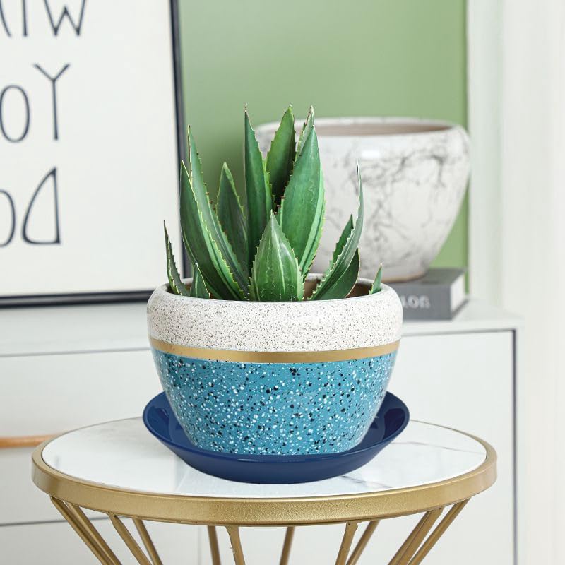 Plant Saucer 8 Inch, 2 Pack Large Plant Saucers Ceramic Tray 8 inch (7.3" Inner) for Flower Pot, Classic Sturdy Planter Water Catcher Tray for Plant Base, Blue - Image 4