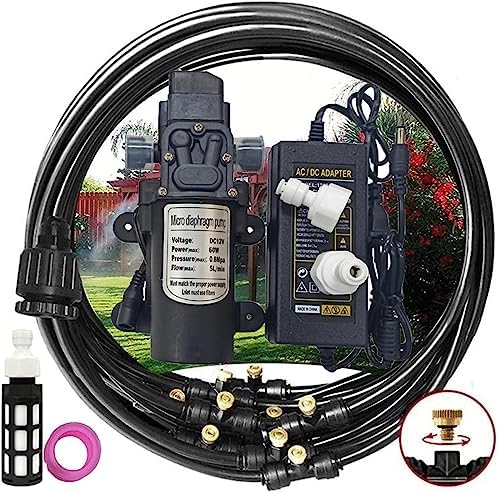 Outdoor Misting Cooling System Kit With 12V Pump,DIY Outdoor Mist Irrigation Cooling System With 3/4”Adapter And Brass Mist Nozzle, Water Mister for Irrigation, Garden, Home,9m/29.5ft Tube + 11Nozzles by Unknown