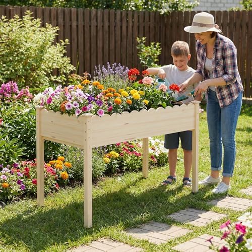 Raised Garden Bed with Legs, 48x24x30in Tall Wooden Elevated Planter Box with Liner for Flowers Vegetables Herbs, Wavy Profile Outdoor Raised Bed for Balcony/Patio/Backyard - Image 2