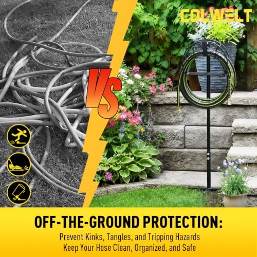 Colwelt Garden Hose Holder & 50FT Water Hose 1/2", Freestanding Water Hose Holder, Rustproof Detachable Garden Hose Storage, Water Hose Reel Stand with Storage Basket, Metal Hose Stand for Yard & Lawn - Image 4