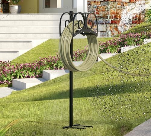 Upgraded Garden Hose Holder Stand with 4 Spikes - Heavy Duty Metal Water Hose Reel, Hose Organizer, Holds 150ft Hose for Outside Yard Lawn, Black by Calidola