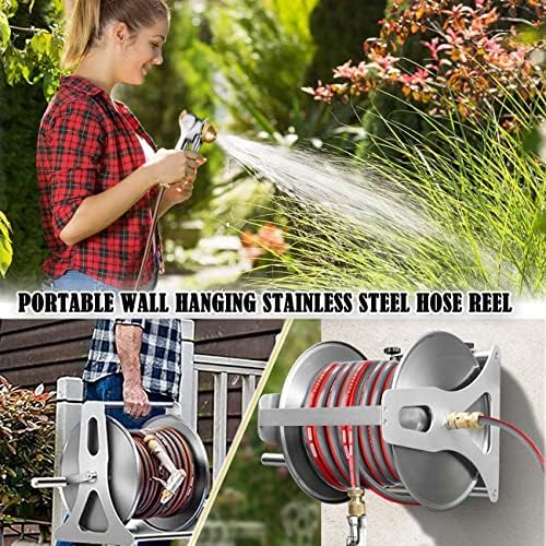 ETomey Metal Hose Stand, Movable Portable & Wall Mounted Garden Hose Holder Freestanding with Metal High Pressure Gun, Hose, Connection Fittings (Size : 98.4ft/30m) (Color : Green, Size : 49ft/15m) - Image 3