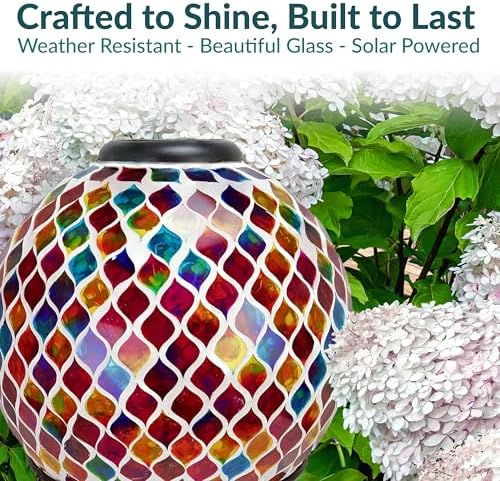 Sunnydaze Magenta Medley 9.5” Mosaic Glass Plant Watering Globe with Clay Spike and Summer Trellis 10” Solar Gazing Ball - Image 4