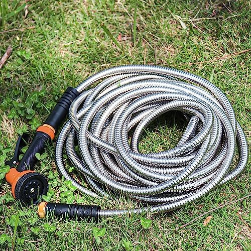 Besiter Garden Hose 50FT Stainless Steel Water Hose with 10 Functions Adjustable Spray Nozzle, Heavy-Duty Metal Garden Hose Flexible Durable No-Tangle & Kink Leak Dog Proof Hose for Yard Lawn(Orange) - Image 6