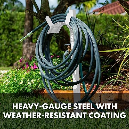 Aqua Joe SJ-SHSBB-WHT Steel Garden Hose Stand with Solid Brass Faucet and Quick Install Anchor Base, White - Image 2