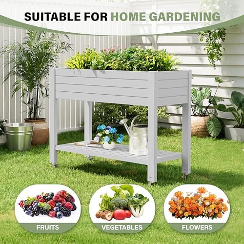 Elevate 33.7" Tall Raised Garden Bed with Wheels, Divisible Resin Planter Box with Drainage Gauge & Storage Shelf, Herb Planter for Garden Patio Backyard, Ashen (33.7" h) - Image 5
