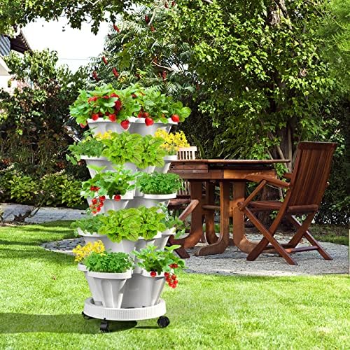 Strawberry Vertical Planters, 3 Tiered Stacking Tower Garden, Stackable Herb Vegetable Planters with Movable Casters and Bottom Saucer Indoor and Outdoor - White - Image 6