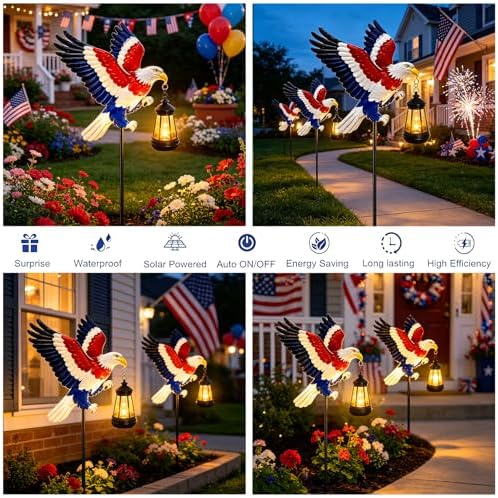 4th of July Decorations 250th anniversary 2 Pack Bald Eagle Solar Garden Lights Outdoor Waterproof, Gifts for Family and Friends, Stake Lights with Solar Lanterns, Yard Art Outside Patio Garden Decor - Image 4