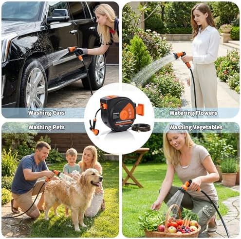 100 Ft X1/2 in Retractable Garden Hose Reel, Wall Mounted Heavy Duty Garden Hose Reel with 10 Spray Nozzle, Slow Retraction System, 180°Swivel Bracket, UV Resistant & 3-Layer Protect - Image 7