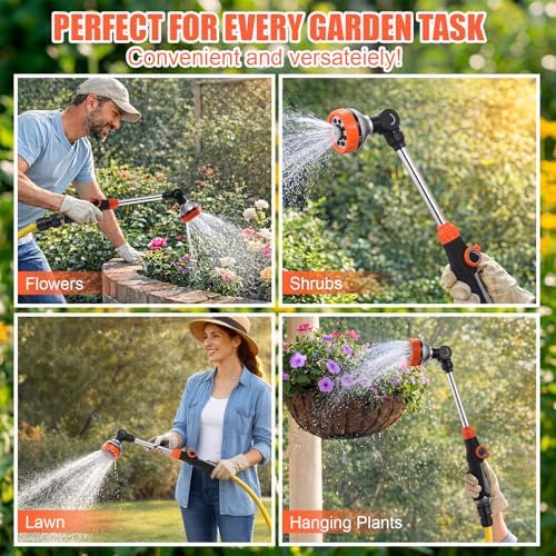 Hushee 4 Pack 18.5-Inch Metal Watering Wand with 180° Rotating Head, 8 Adjustable Spray Patterns & Thumb Control Nozzle – Perfect for Hanging Baskets, Shrubs & Plants, Durable Garden Hose Sprayer - Image 6