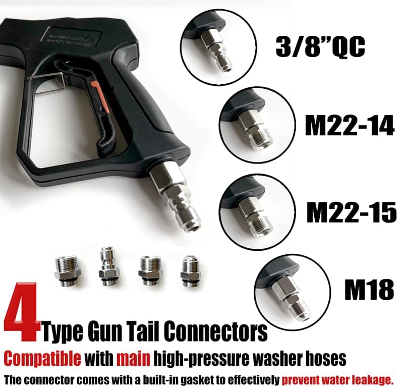 Swivel Pressure Washer Gun,Sturdy 5000PSI Short Power Washer Wand Carwash Spray Foam Gun Handle with 3/8 Plug & M22-14mm & M22-15mm and 1/4 Adapter 5 nozzles - Image 3