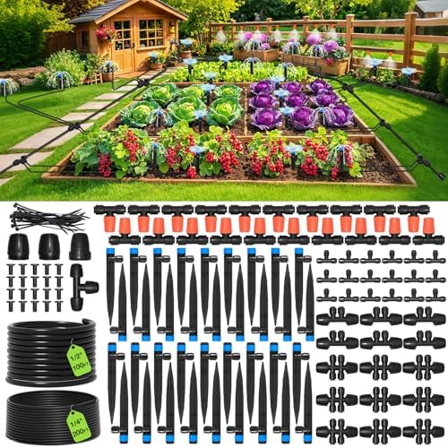 MIXC 300FT Drip Irrigation System Kit, Automatic Garden Misting Watering System with 100FT 1/2" & 200FT 1/4" Irrigation Tubing, Fitting, Adjustable Emitter for Greenhouse Lawn Raised Bed Potted Plant by MIXC