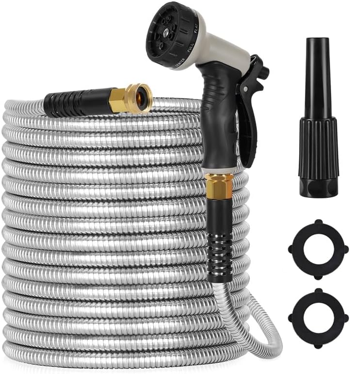 Stainless Steel Metal Garden Hose, 100ft Flexible Water Hose with 10 Adjustable Patterns Spray Nozzle, Heavy Duty, Kink Free, 2 Nozzles Included by Unknown