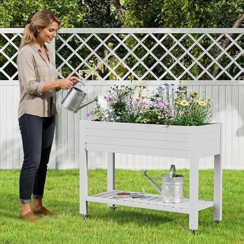 Elevate 33.7" Tall Raised Garden Bed with Wheels, Divisible Resin Planter Box with Drainage Gauge & Storage Shelf, Herb Planter for Garden Patio Backyard, Ashen (33.7" h) - Image 3