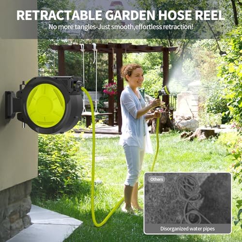 Retractable Garden Hose Reel - 1/2 inch x 50ft Wall Mounted Hose Reel with 3/4 inch Brass Fitting & 10 Function Sprayer Nozzle - Any Length Lock, Auto Rewind System, 180°Swivel Bracket - Black - Image 4