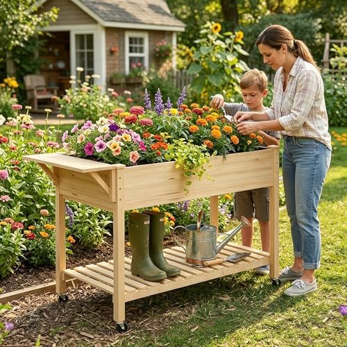 Raised Garden Bed with Legs and Wheels, Self-Watering System, 48x24x30in Elevated Planter Box with Storage Shelf & Liner for Flowers Vegetables Herbs, Raised Bed for Outdoor/Balcony/Patio - Image 2
