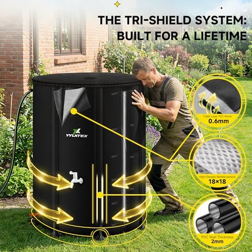 132 Gallon/500L Collapsible RainWater Collection Barrel,Water Tank&Reinforced with 2mm Frame Portable Rain Catcher,Includes Quick-Connect Tap&Sprinkler,Heavy Duty 0.6mm PVC for Long-Lasting Use,Black - Image 2