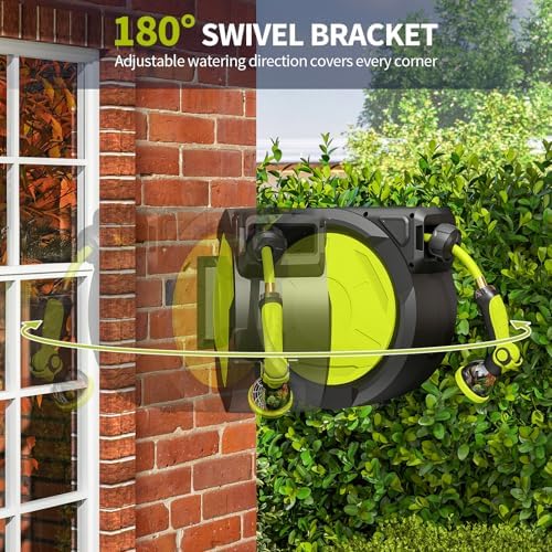 Retractable Garden Hose Reel - 1/2 inch x 50ft Wall Mounted Hose Reel with 3/4 inch Brass Fitting & 10 Function Sprayer Nozzle - Any Length Lock, Auto Rewind System, 180°Swivel Bracket - Black - Image 6