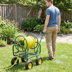Goplus Garden Hose Reel Cart, 300ft 5/8" or 350ft of 1/2" Large Capacity, Heavy-Duty Metal Hose Cart w/4 Wheels, Storage Basket, Portable Water Hose Organizer for Outdoor Yard Planting Lawn - Image 3